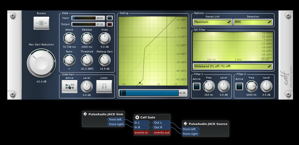 Simple Carla plugin graph routing audio through a Calf Gate