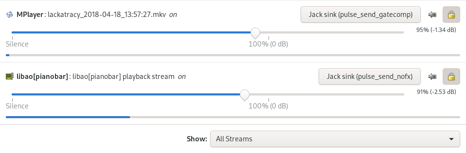 User interface of the pavucontrol utility showing MPlayer and Pianobar feeding to the JACK sinks.