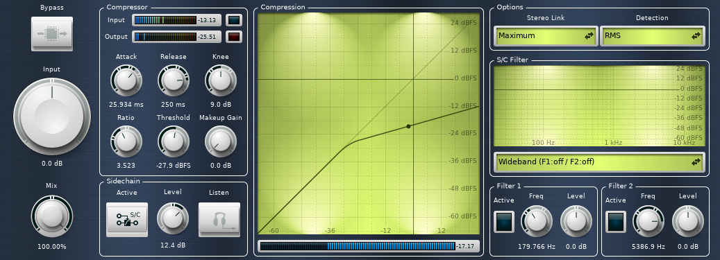 Settings of the music_ducker sidechain compressor.