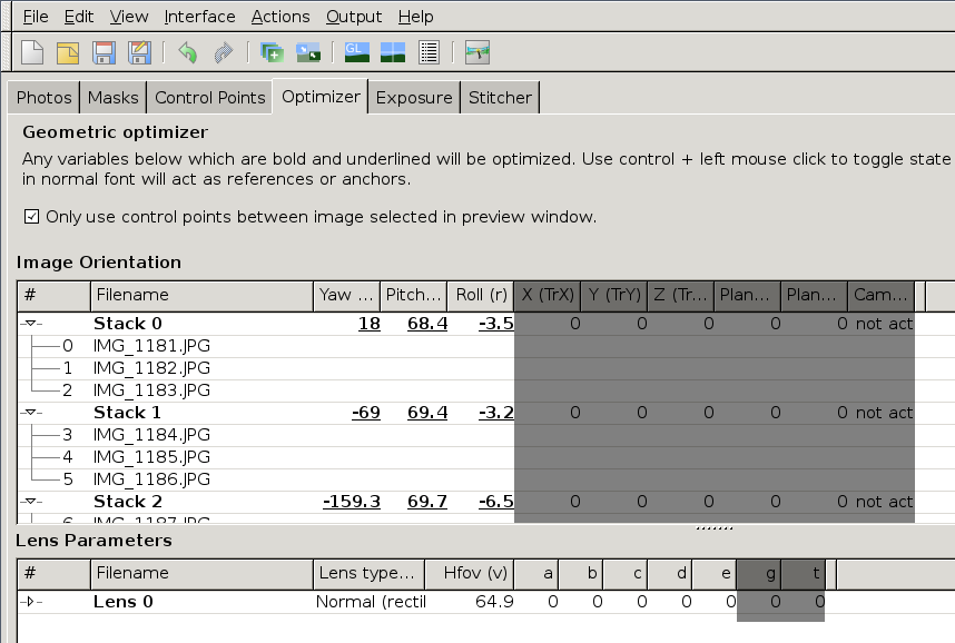 Hugin UI - Optimizer custom selection