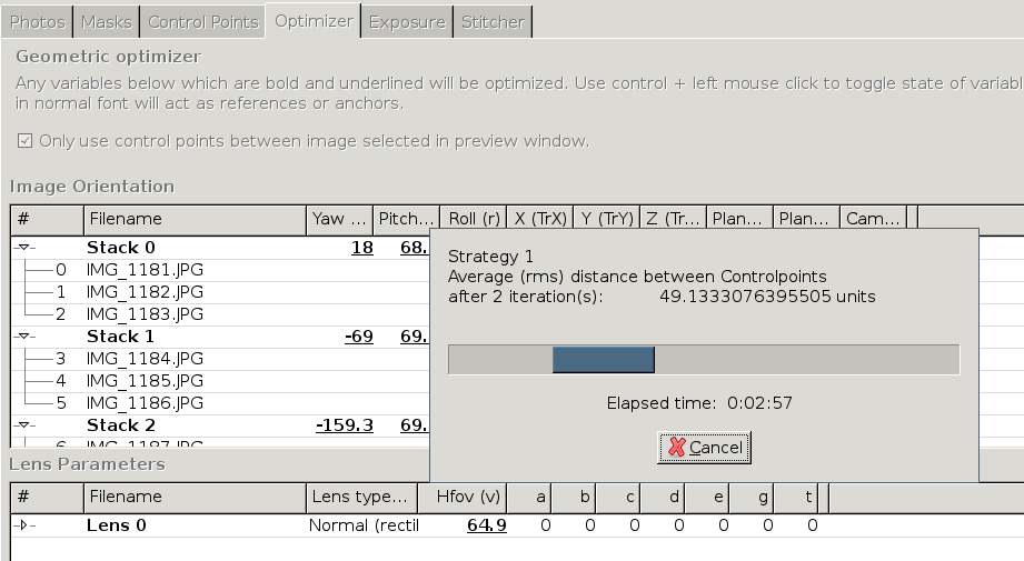 Hugin UI - Optimizer running